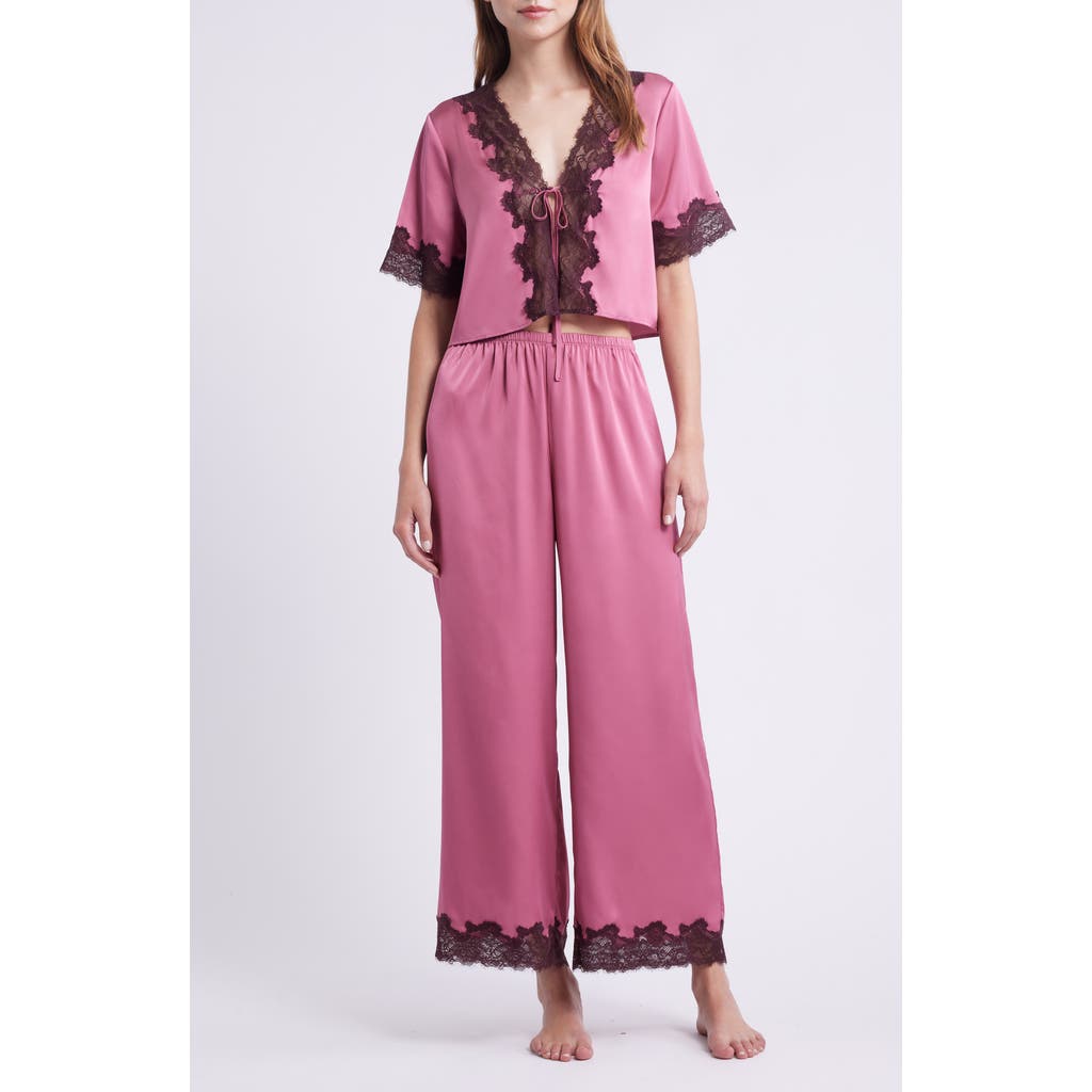 Open Edit Lace Trim Stretch Satin Crop Pajamas In Gray