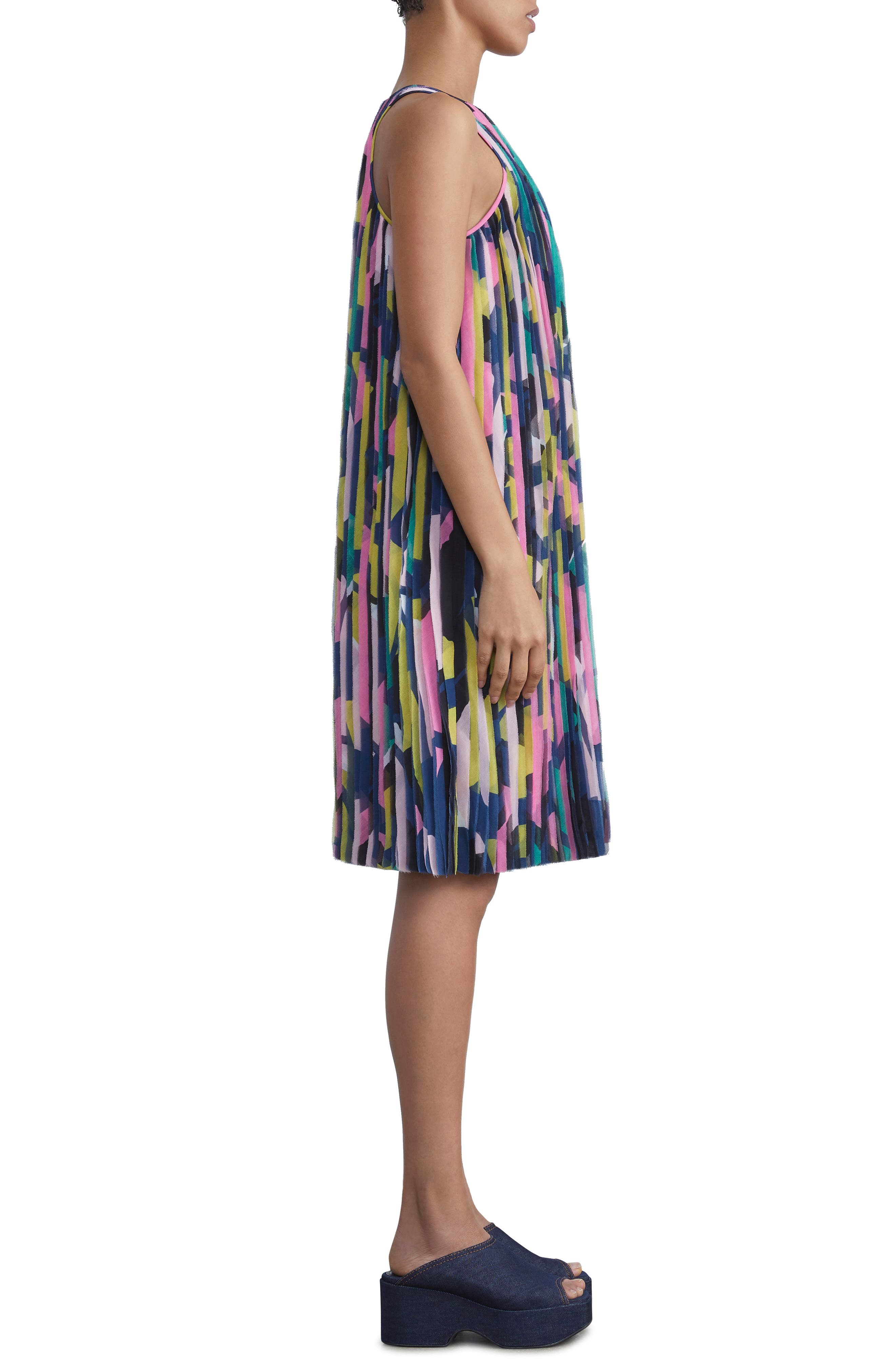Lafayette 148 New York Papier Print Strip Pleated Chiffon Shift Dress ...