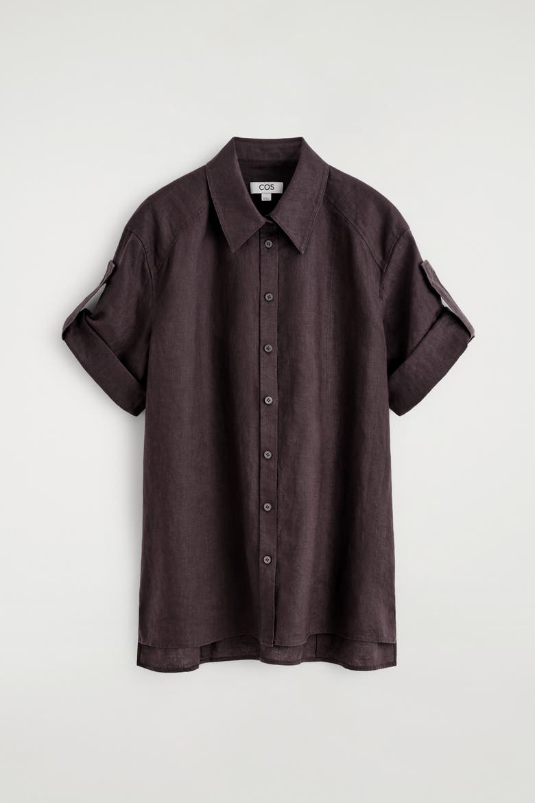 Folded-sleeve Linen Shirt, Alternate, color, BURGUNDY