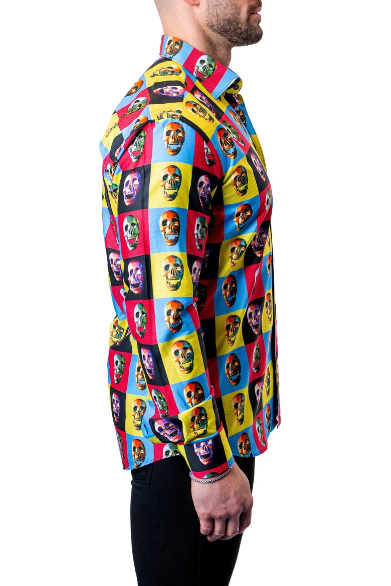 Fibonacci Worhol Skull Multi Button-Up Shirt, Alternate, color, BLUE MULTI