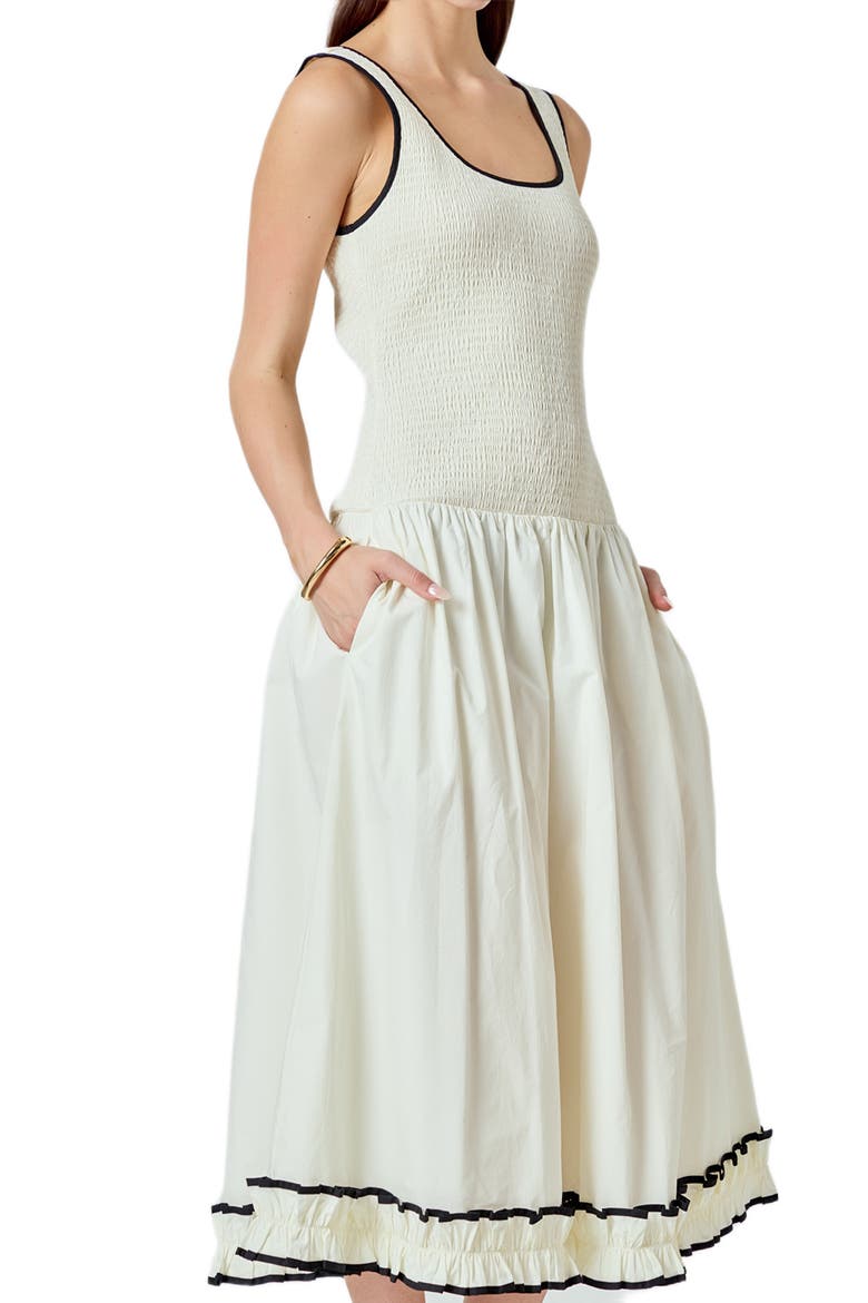 Smocked Drop Waist Midi Dress, Alternate, color, IVORY