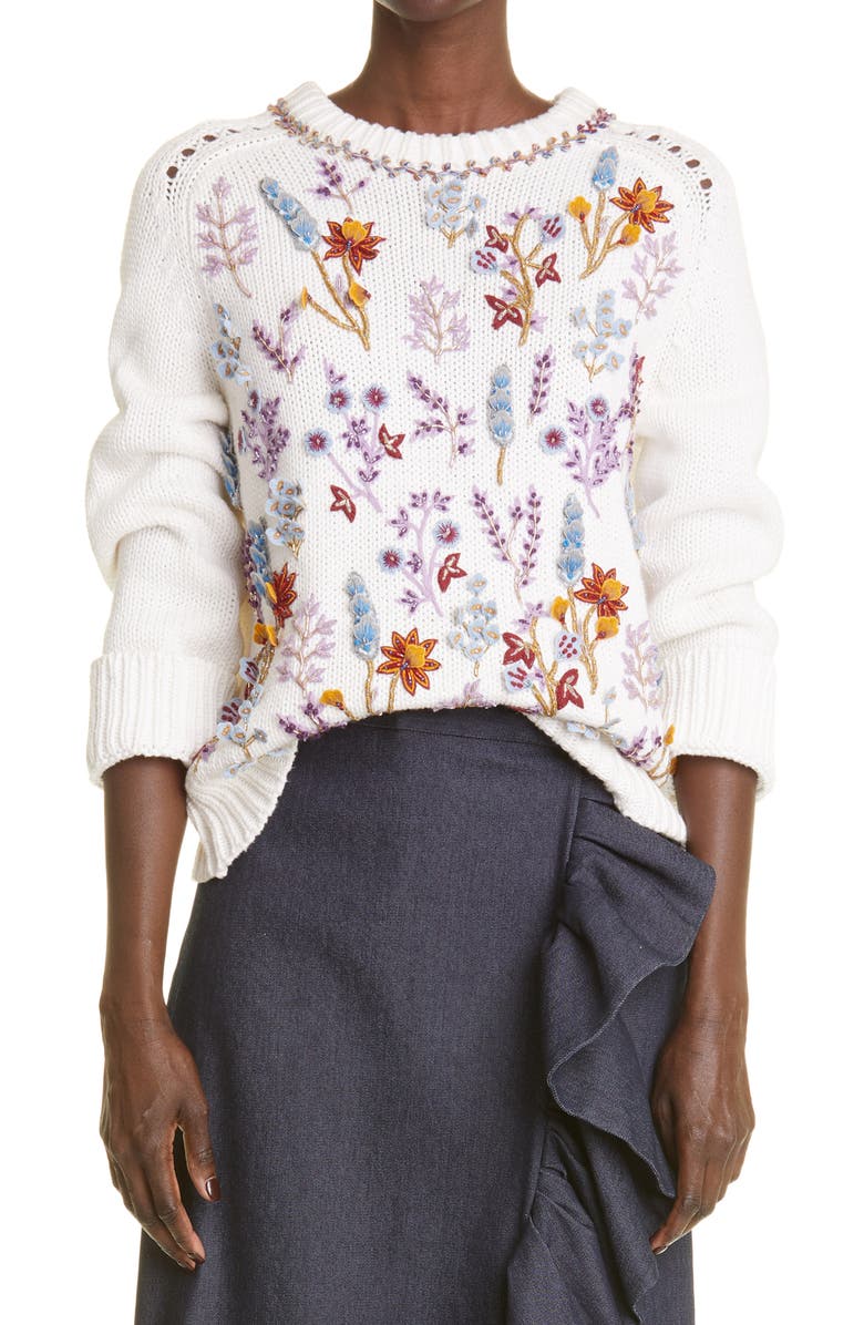 Adam Lippes Floral Embroidered Cotton Sweater, Main, color, 