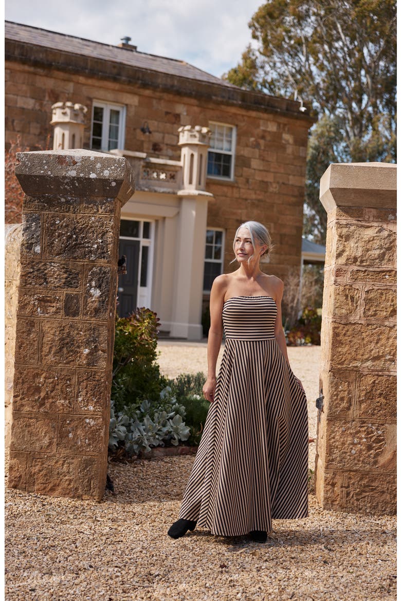 Thandie Stripe Strapless Maxi Dress, Alternate, color, TAN WITH BLACK STRIPE