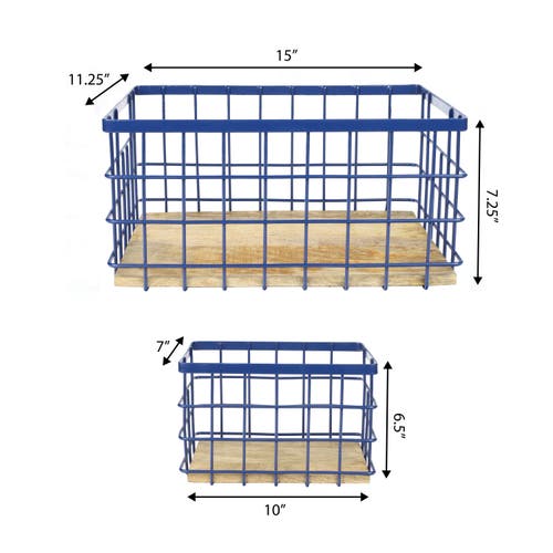 Happimess Evvie Vintage Farmhouse Handmade Wire Metal Nesting Storage Baskets With Wood Base In Blue