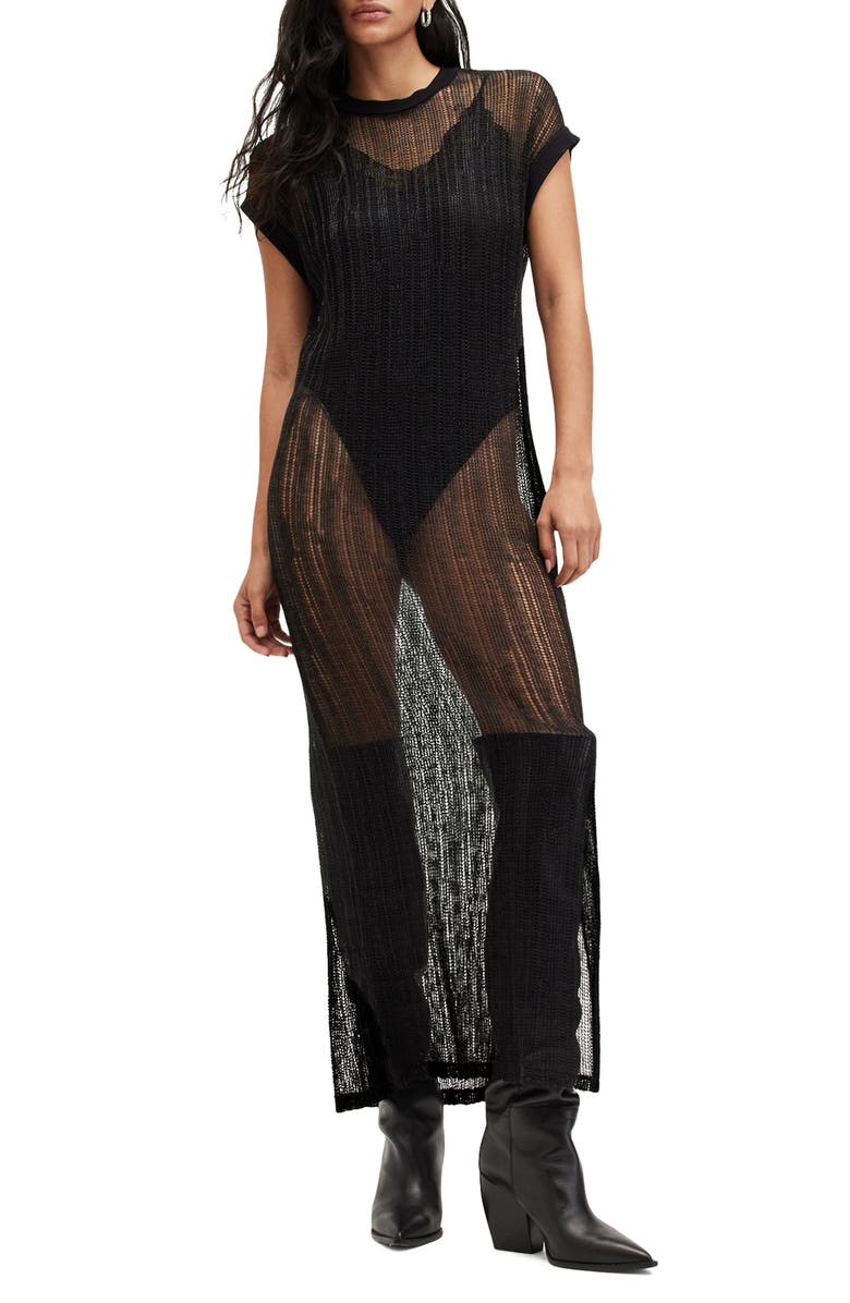 AllSaints Giana Open Knit Maxi Sweater Dress, Main, color, Black