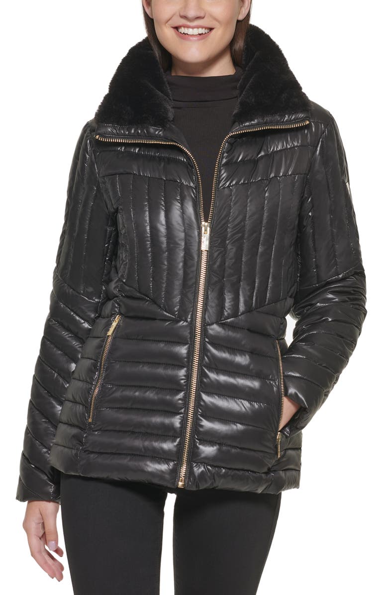 GUESS Faux Fur Collar Puffer Jacket, Main, color,