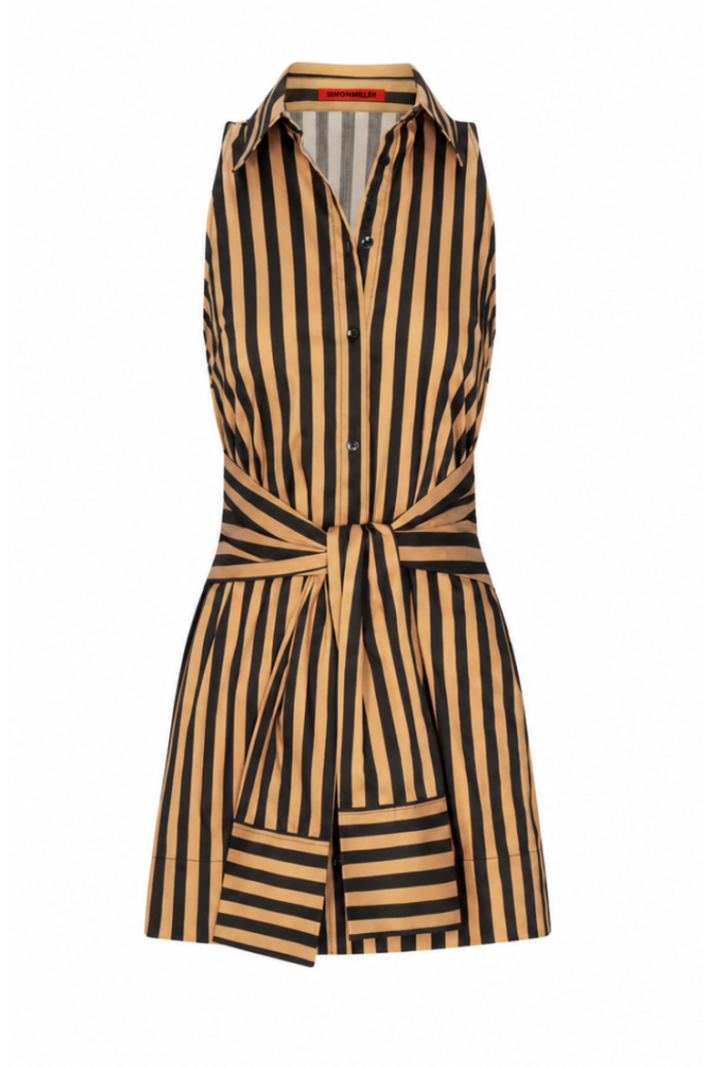 Inna Sleeveless Poplin Mini Dress, Main, color, Black/Tan Stripe