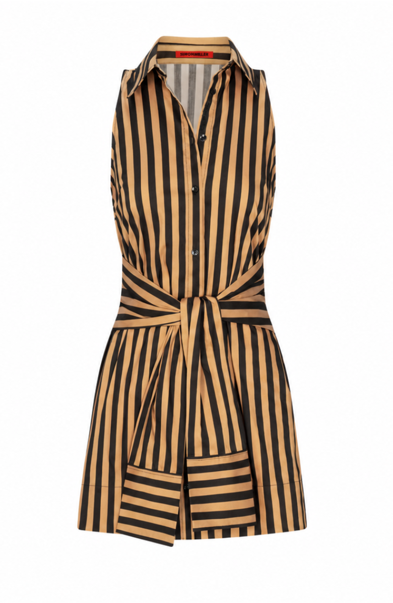 SIMONMILLER Inna Sleeveless Poplin Mini Dress, Main, color, Black/Tan Stripe