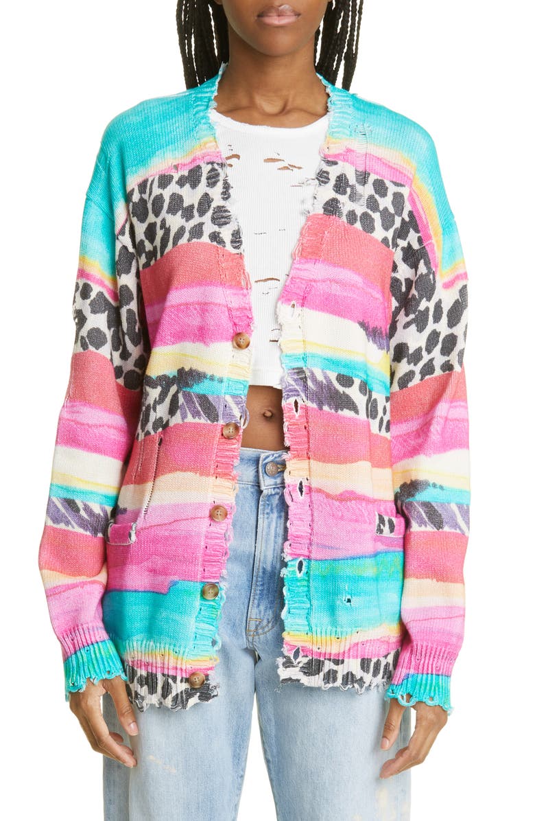 R13 Multistripe Oversize Distressed Cotton Cardigan, Main, color,