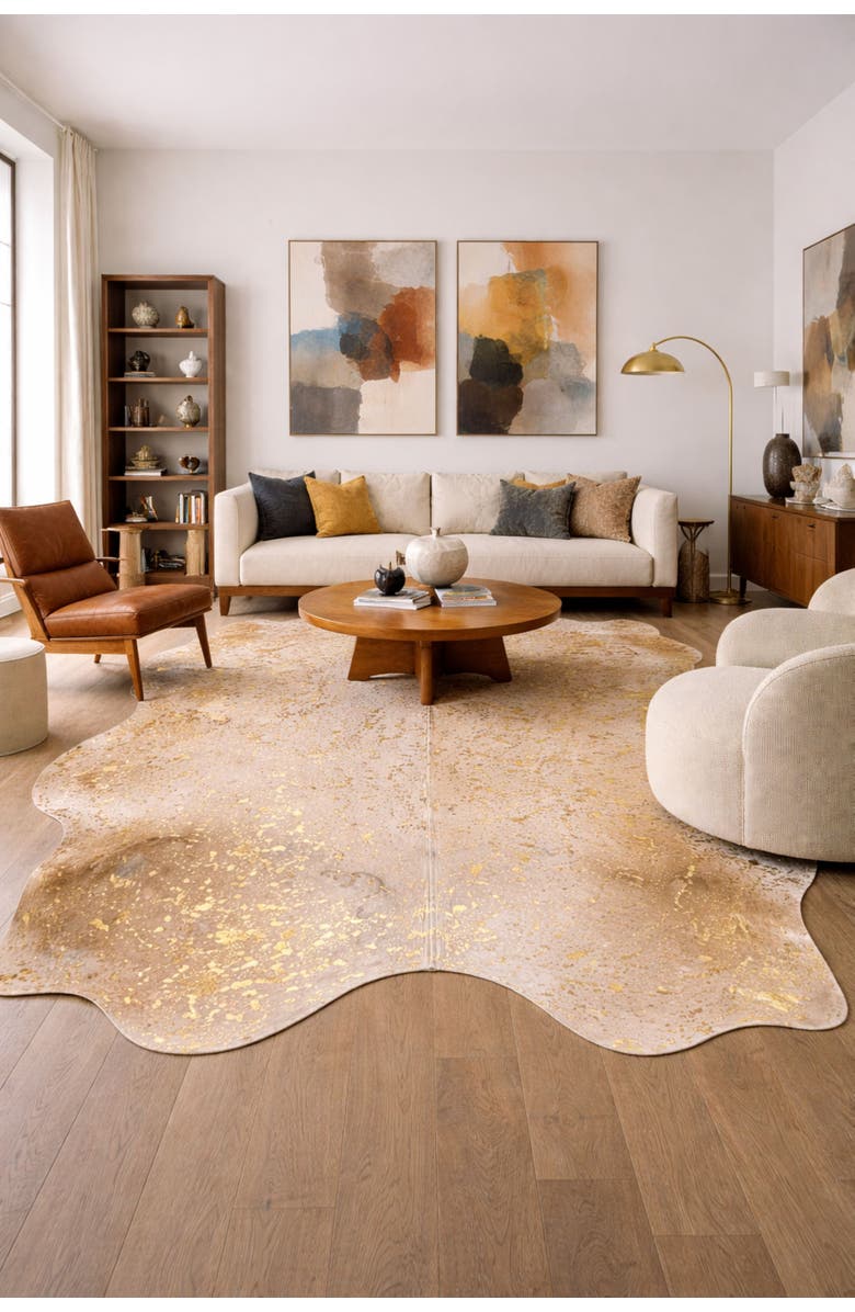 Rhacam Eco Hides RH Rugs Luma Metallic Gold Cowhide Rug 9'0" × 6'7", Alternate, color, Metallic Gold