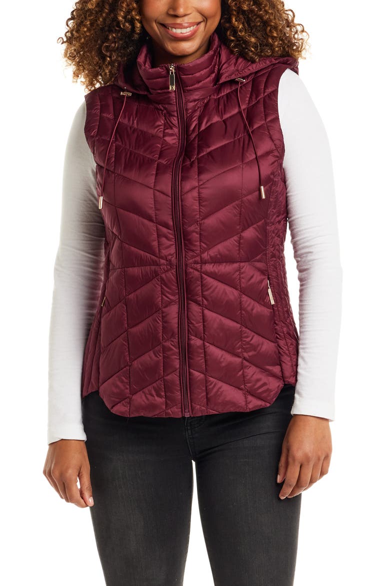 Quilted Water Resistant Vest with Removable Hood, Main, color, BURGUNDY