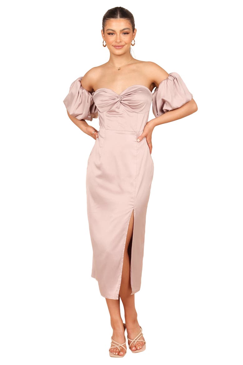 Dahlia Puff Sleeve Off the Shoulder Satin Midi Dress, Alternate, color, LILAC