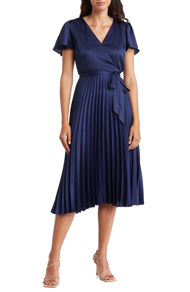 Tahari Flutter Sleeve Pleated Dress, Main, color, 