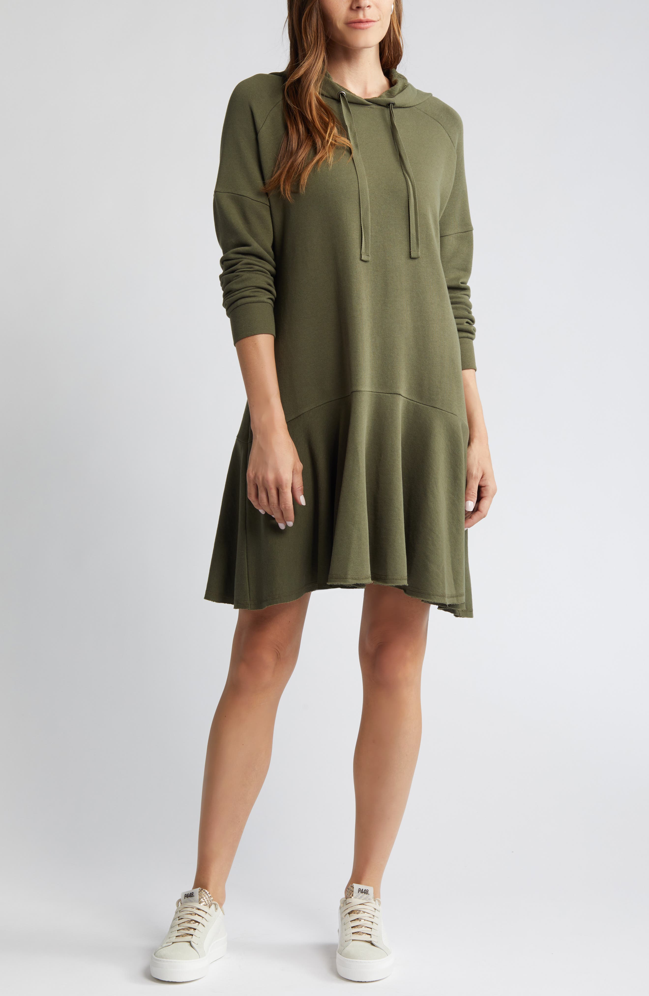 Caslon® Long Sleeve Flounce Hoodie Dress (Women) | Nordstromrack