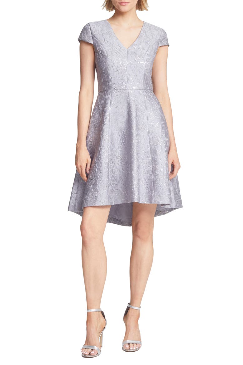 Heritage Metallic Jacquard High/Low Cocktail Dress, Main, color, SILVER GREY