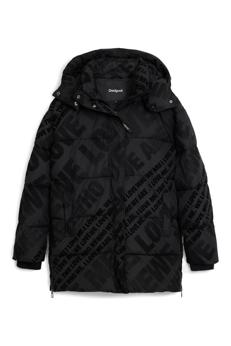 Flocked Print Quilted Puffer Jacket with Removable Hood, Alternate, color, BLACK