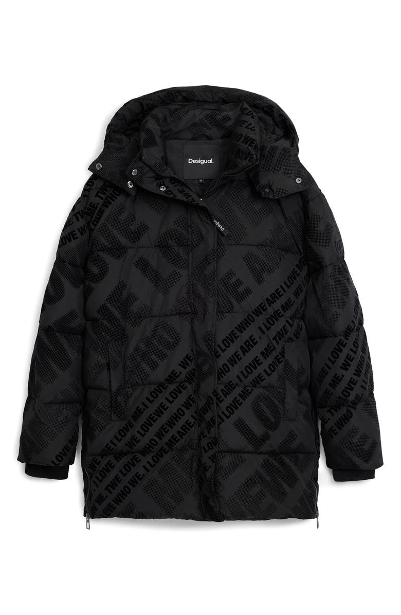 Desigual Flocked Print Quilted Puffer Jacket with Removable Hood, Alternate, color, Black