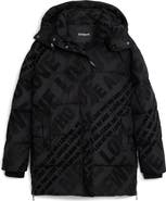 Desigual Flocked Print Quilted Puffer Jacket with Removable Hood