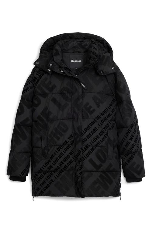 Desigual Flocked Print Quilted Puffer Jacket With Removable Hood In Black