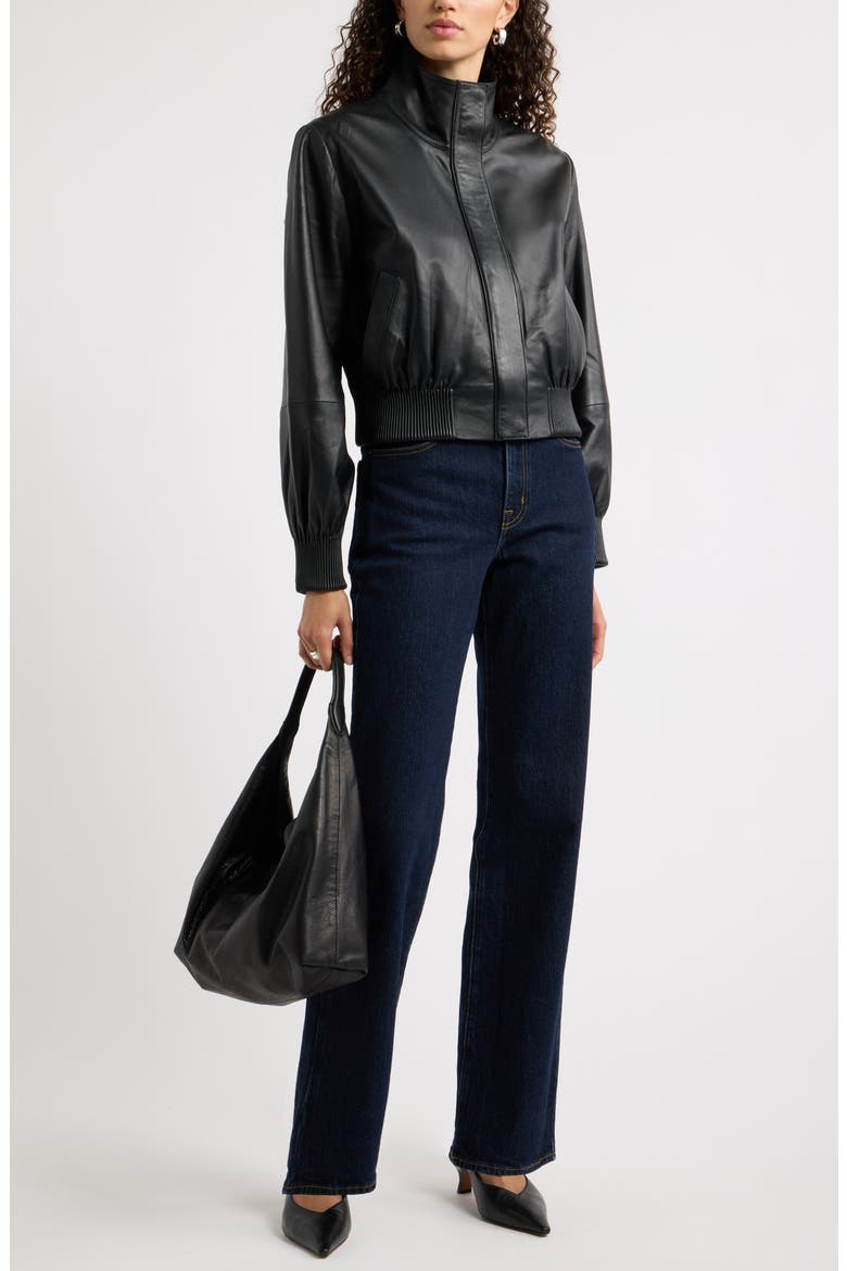 Funnel Neck Leather Bomber Jacket, Alternate, color, BLACK