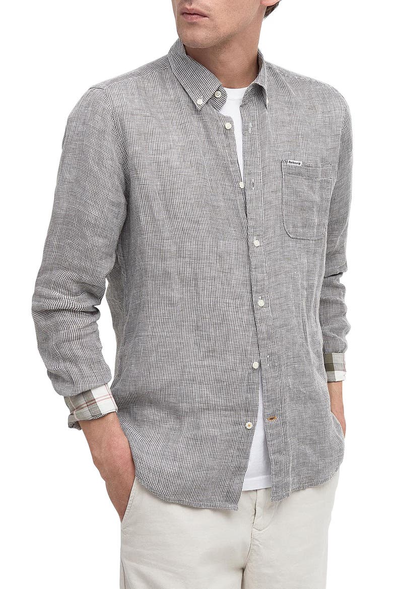 Linton Tailored Fit Check Linen Button-Down Shirt, Main, color, OLIVE