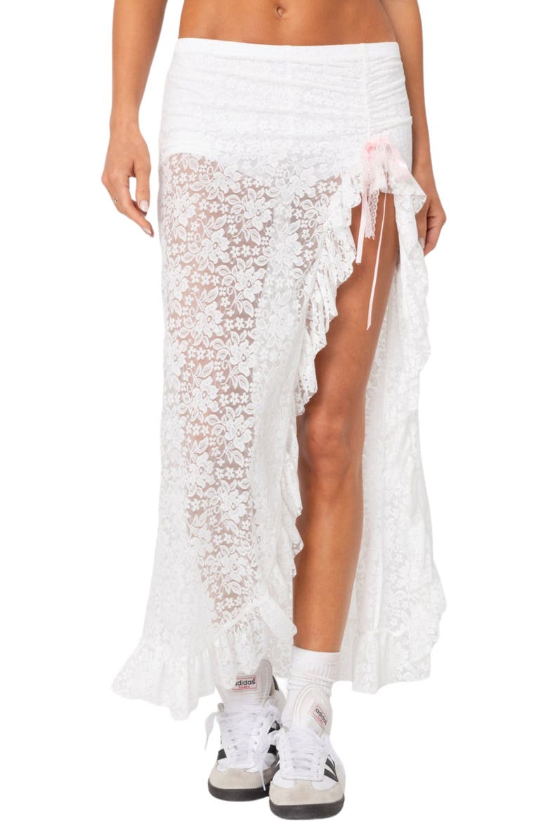 EDIKTED Ruffle Sheer Lace Maxi Skort, Main, color, White