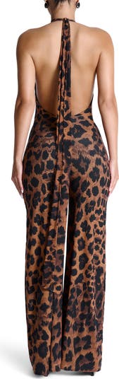 Leopard Print Wide Leg Halter Jumpsuit
