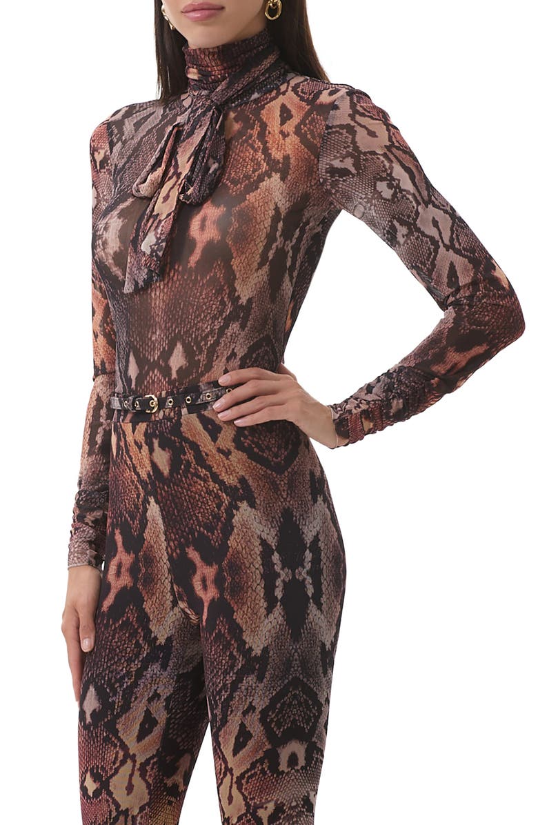 AFRM Julien Tie Neck Turtleneck Mesh Top, Alternate, color, Scattered Snake