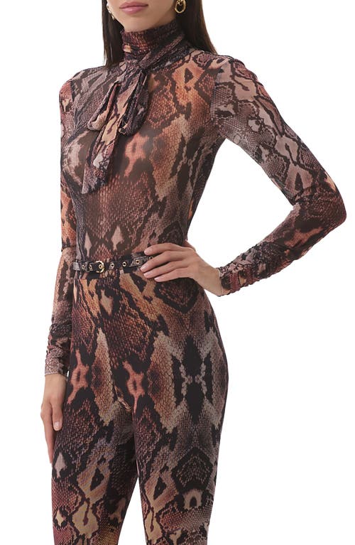 Afrm Julien Tie Neck Turtleneck Mesh Top In Brown