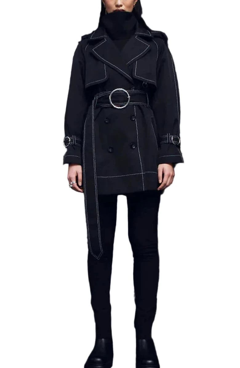 CAALO Sustainable Water-Resistant Short Trench Coat, Main, color, Black / Off-White