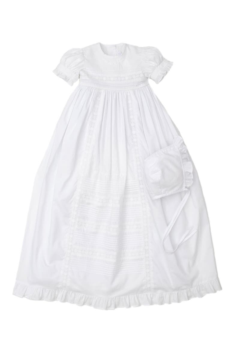 New Nicole Embroidered Cotton Christening Gown & Bonnet, Main, color, WHITE