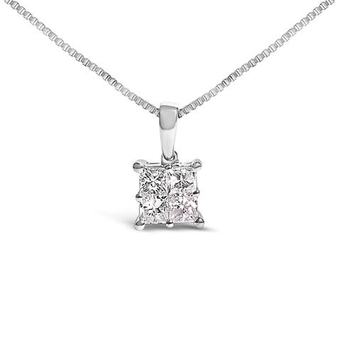 Sterling Silver 1/2 Cttw Princess-Cut Diamond 4 Stone Pendant Necklace