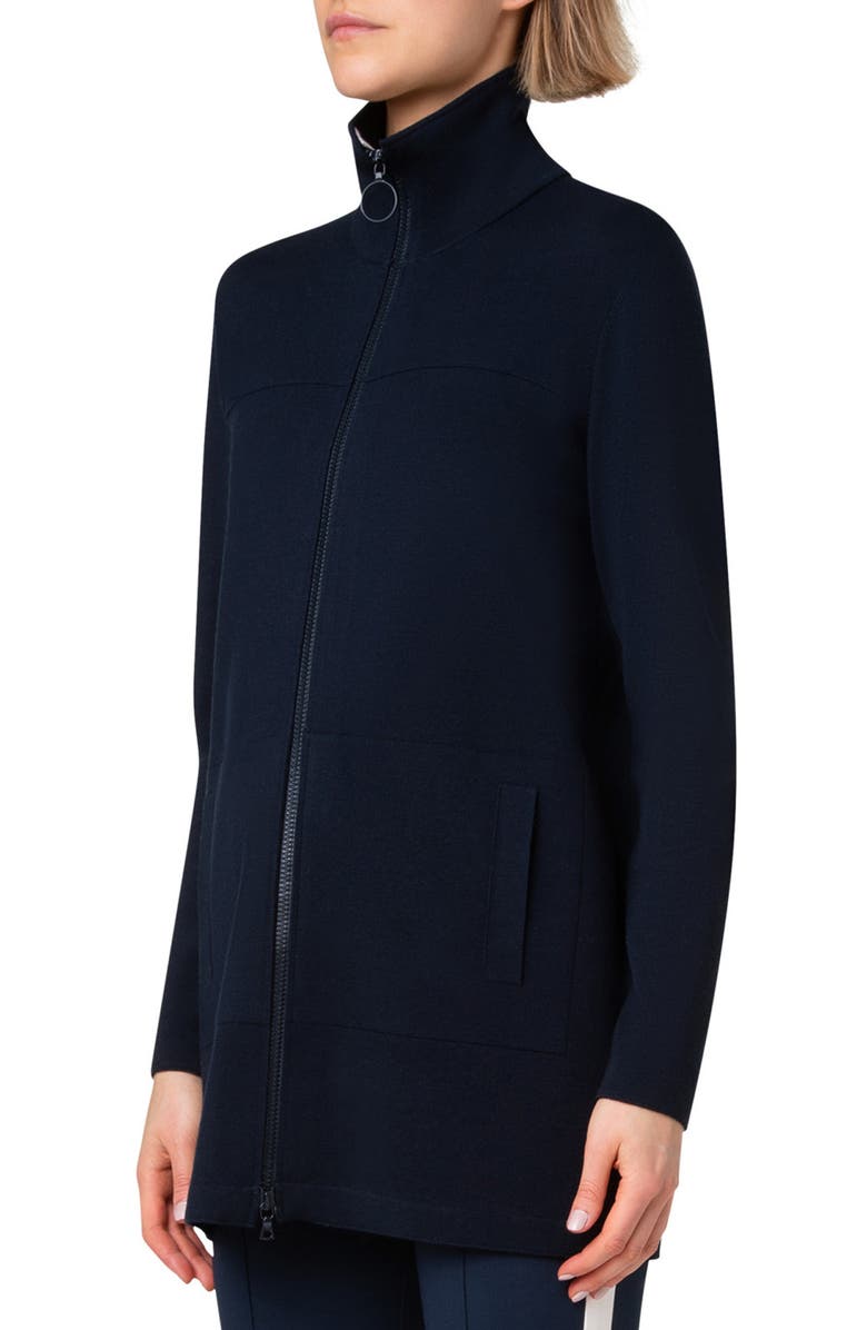 Akris punto Longline Zip Front Stretch Virgin Wool Cardigan, Alternate, color, 
