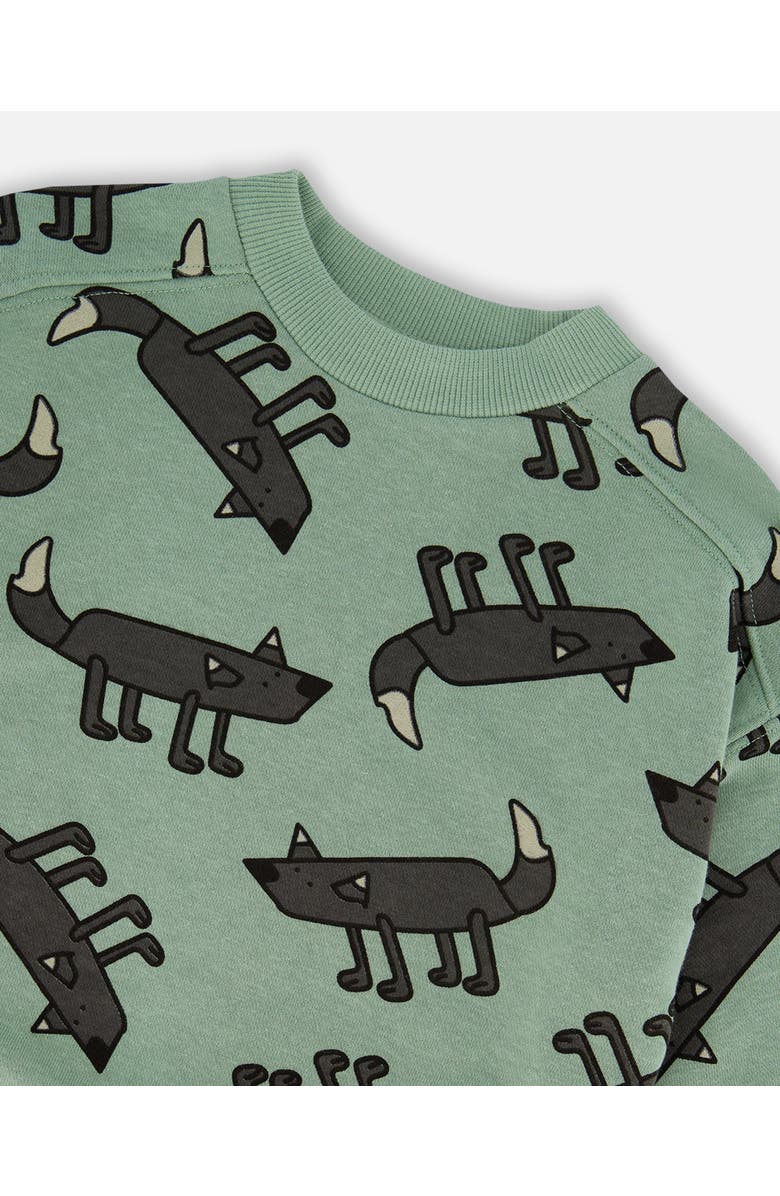 Deux par Deux Boy's Printed Pullover French Terry Sweatshirt Gray Wolf On Teal Background, Alternate, color,