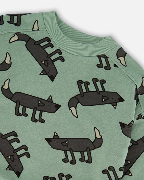 Deux Par Deux Boy's Printed Pullover French Terry Sweatshirt Gray Wolf On Teal Background In Gray Wolf On Teal Background