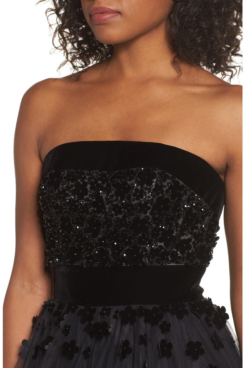 Beaded Strapless Tiered Ballgown, Alternate, color, BLACK