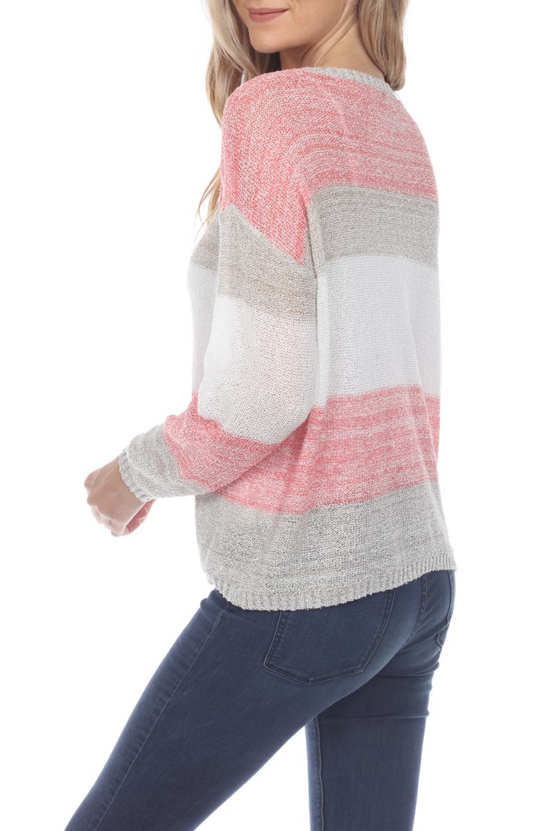 RAIN AND ROSE Stripe Long Sleeve Openwork Knit Top, Alternate, color, Fuchsia