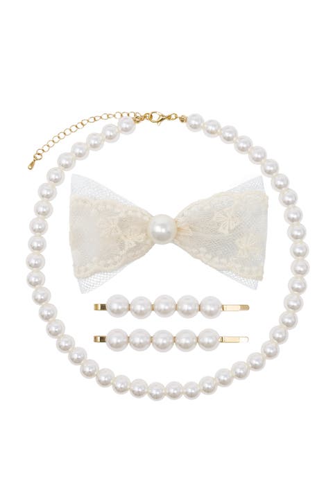 Kids’ Pearl Necklace & Lace Bow Hair Clip 4-Piece Set