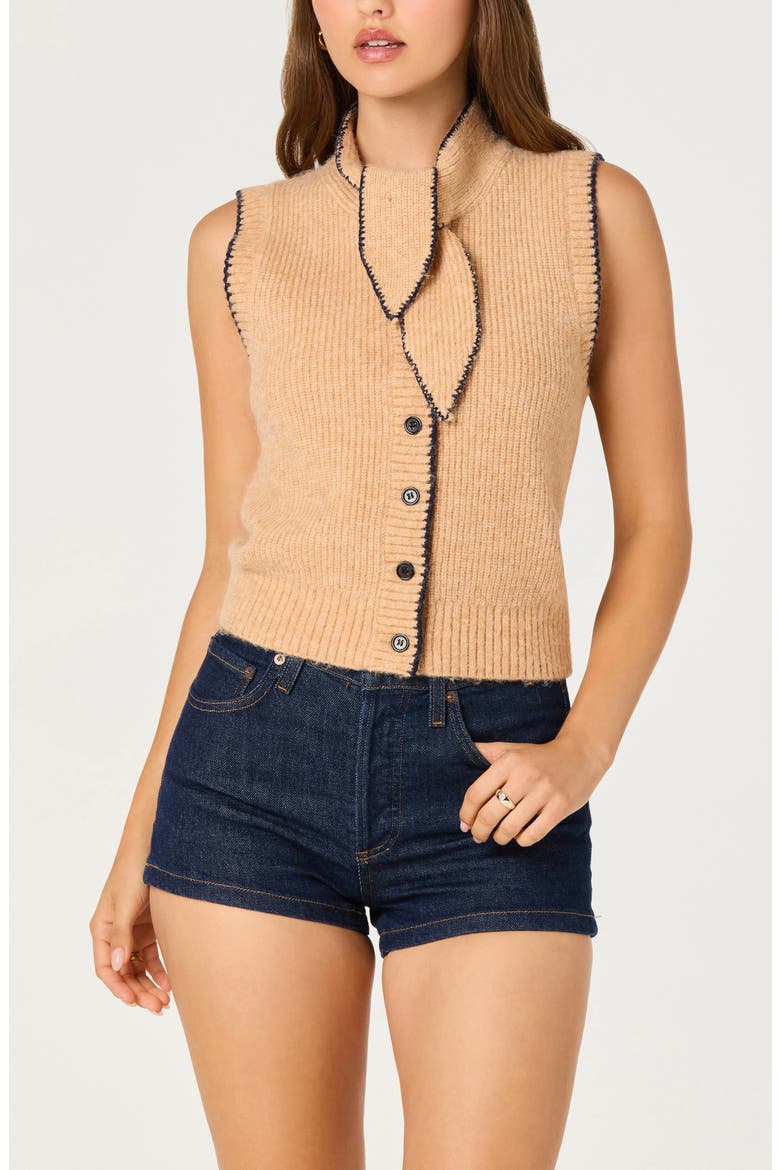 Auberthe Tie Neck Sweater Vest, Alternate, color, CAMEL
