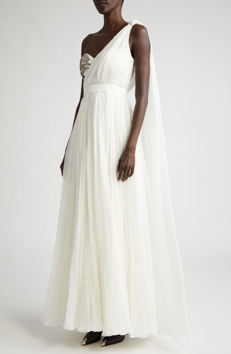 McQueen Crystal Embellished One-Shoulder Silk Chiffon Gown, Alternate, color, 