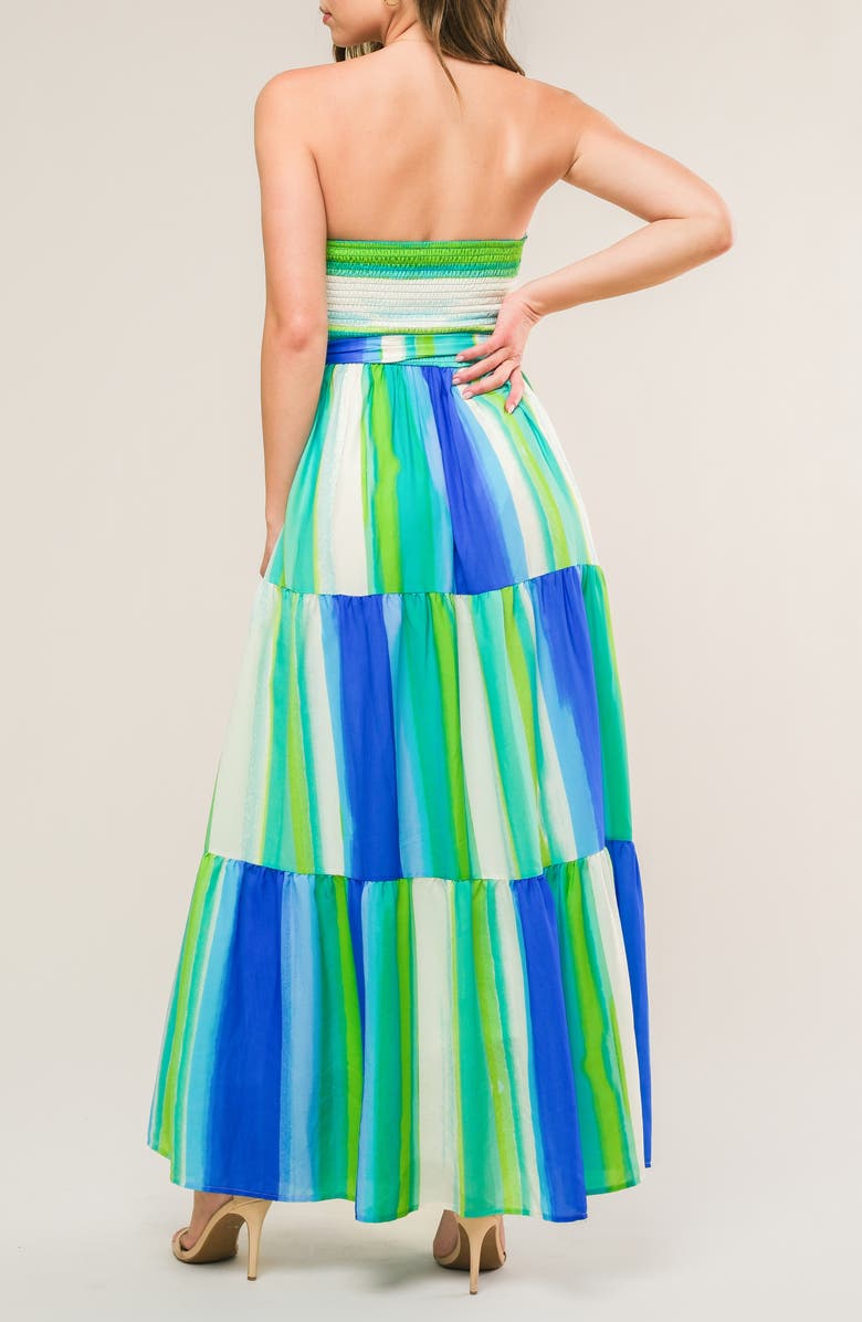 FLYING TOMATO Print Strapless Midi Dress, Alternate, color, Green Blue