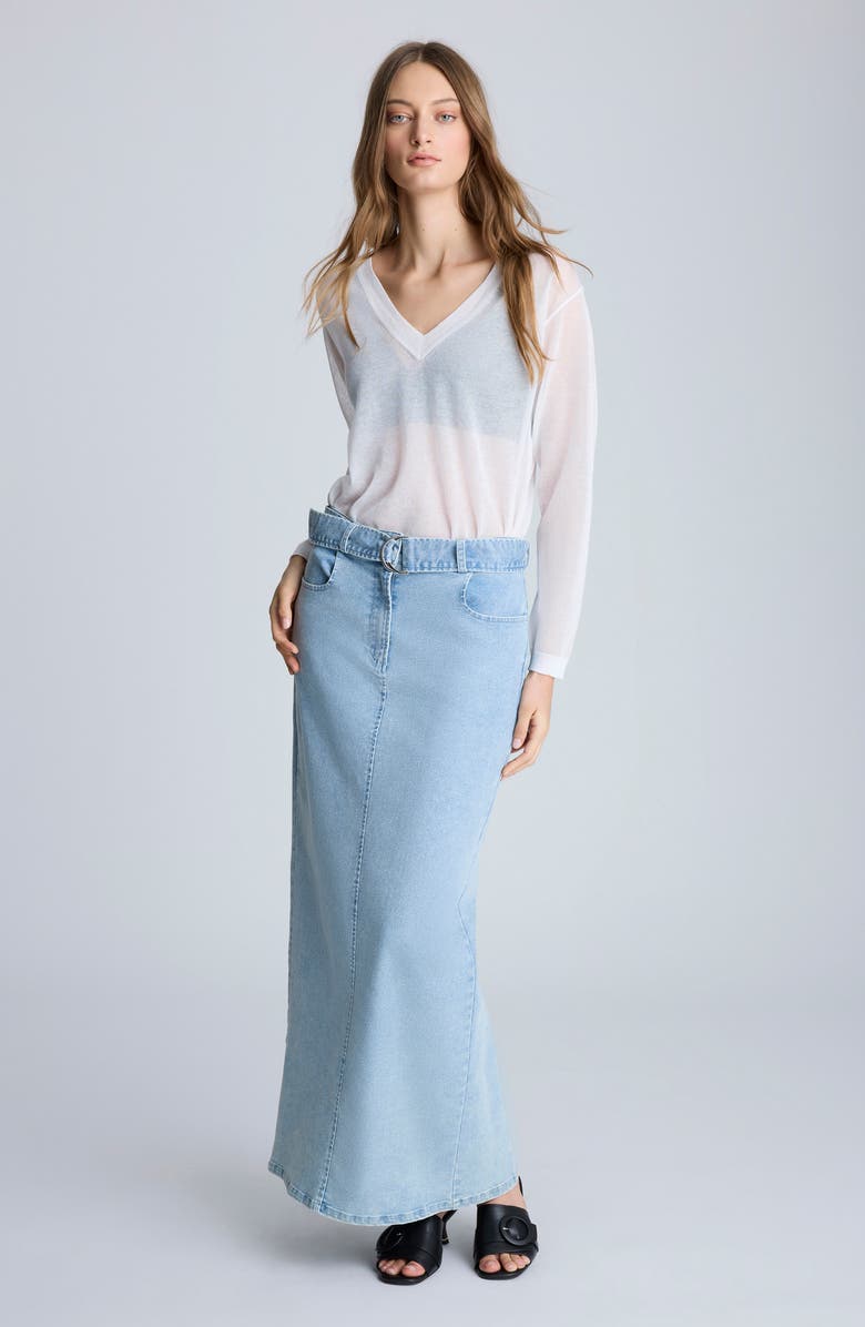 Kenneth Cole Belted Denim Maxi Skirt, Alternate, color, Nu Wash