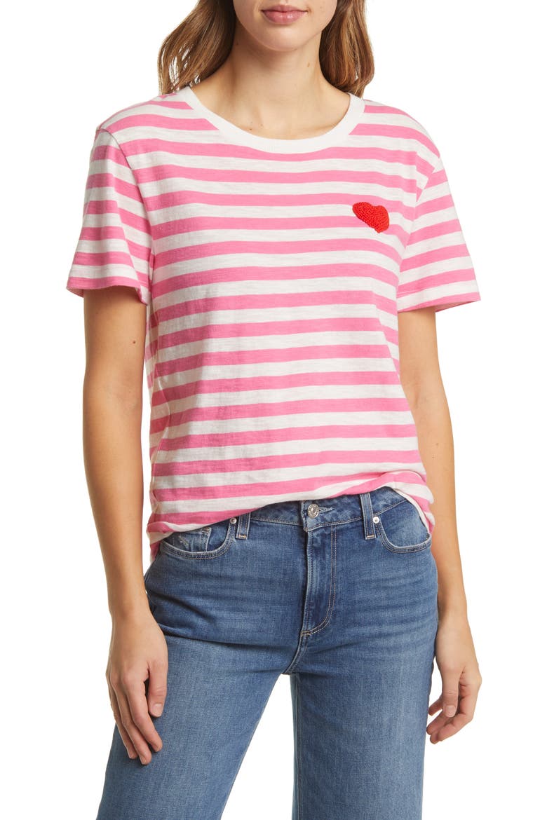 Stripe Embroidered Heart Cotton T-Shirt, Main, color, PINK AZALEA-IVORY STRIPE HEART