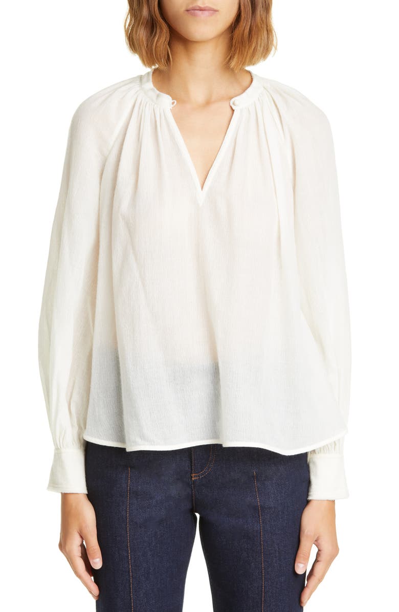 Chloé Gathered Wool Gauze Blouse, Main, color, 