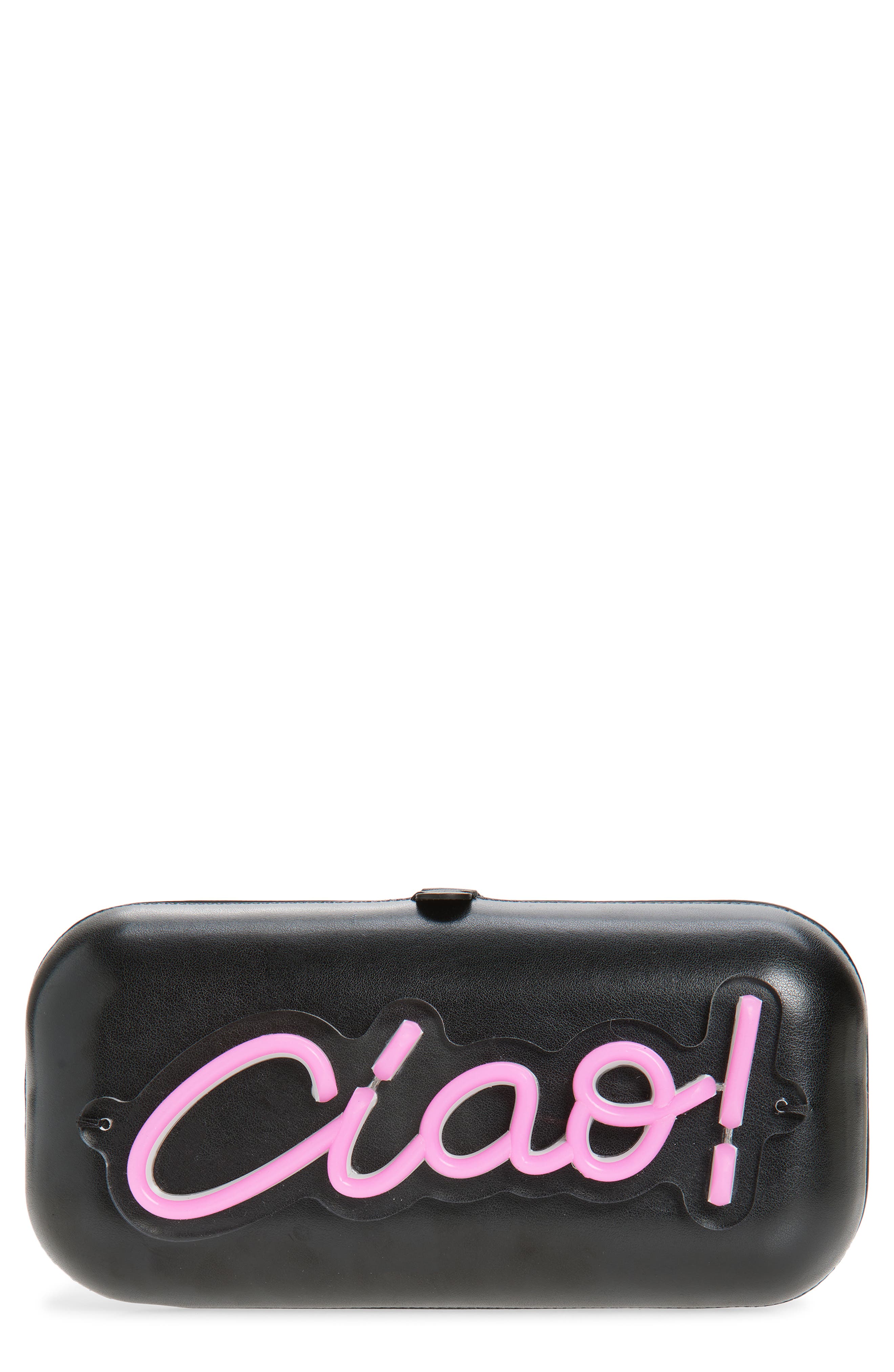 Moschino Light-Up Neon Ciao! Faux Leather Clutch, Main, color, 00Z One Color