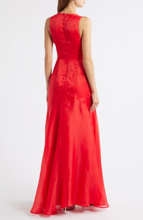 Sonya Moda Alma Plunge Bias Cut Silk Organza Gown In Red