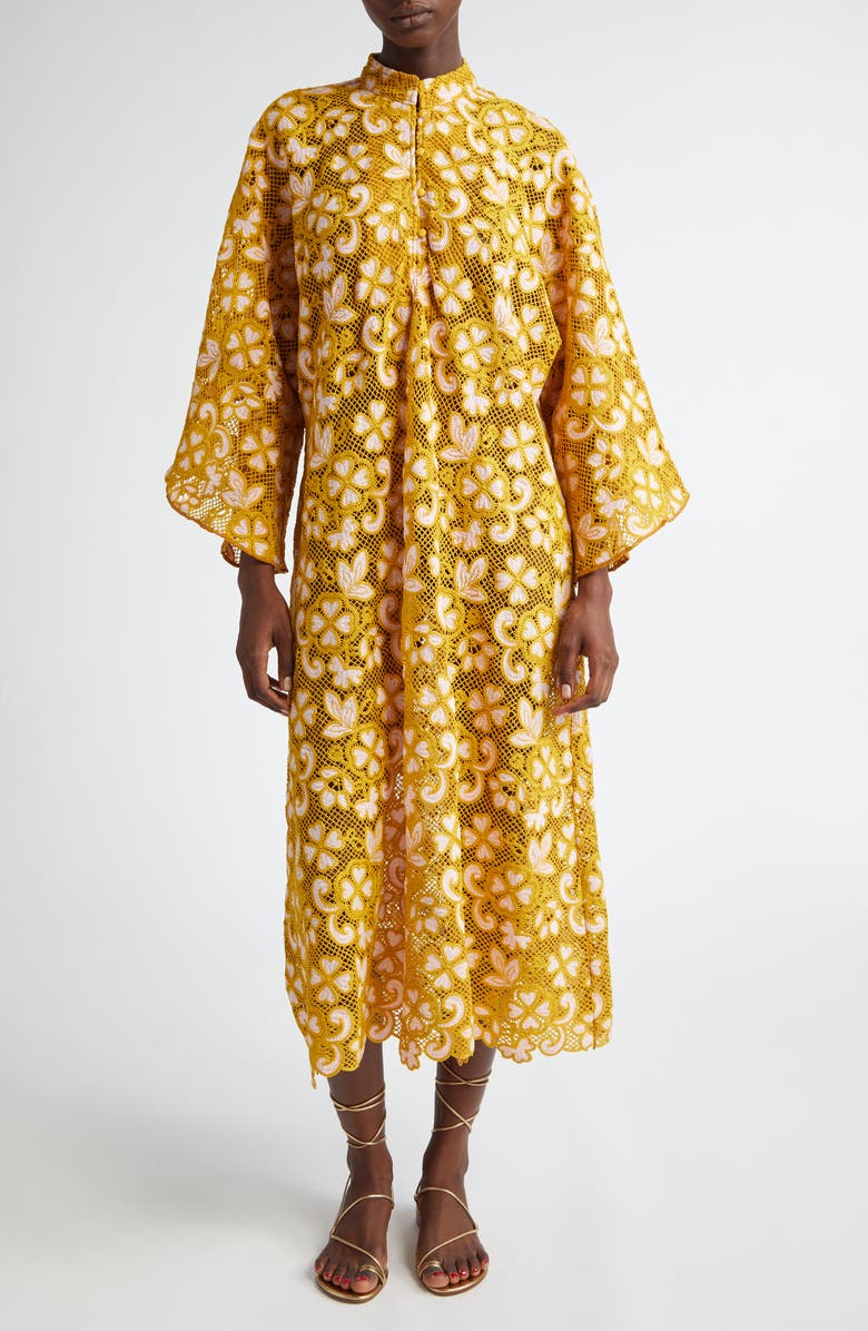 La Vie Style House Floral Lace Cover-Up Caftan, Main, color, Mustard/ Peach