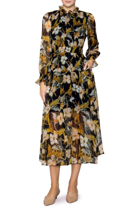Floral Ruffle Long Sleeve Chiffon Fit & Flare Dress