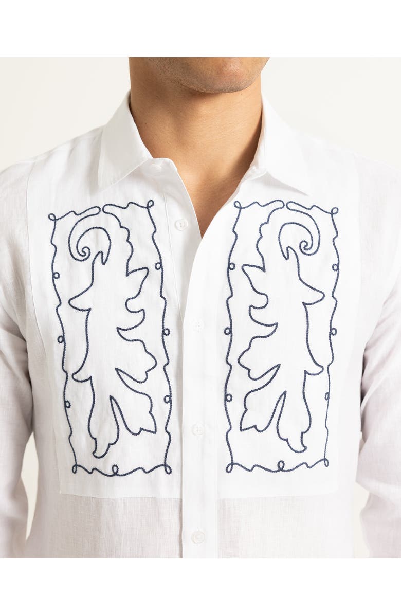 Orlebar Brown Giles Embroidery Tailored Fit Linen Embroidery Shirt, Alternate, color, White Sand/Night Iris
