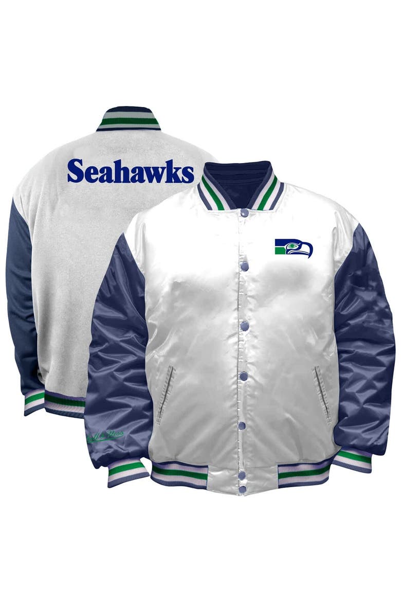 Women's Mitchell & Ness White Seattle Seahawks Throwback Plus Size Full-Snap Satin Jacket, Main, color, White
